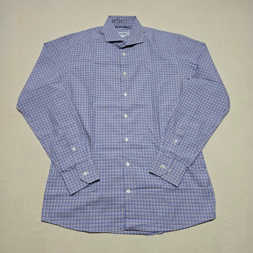 Eton Slim Fit Dress Shirt Mens 16 41 L Blue Brown Gingham Check Cotton LS